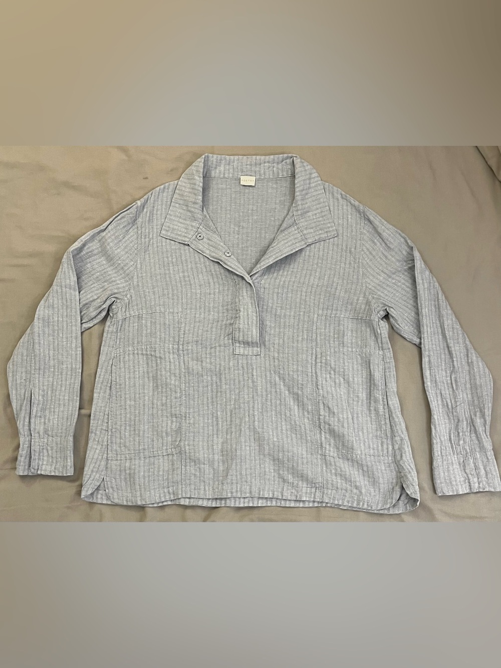 Poetry Half Button Down Shirt Women’s Baby Blue And White Hemp & Cotton US 10